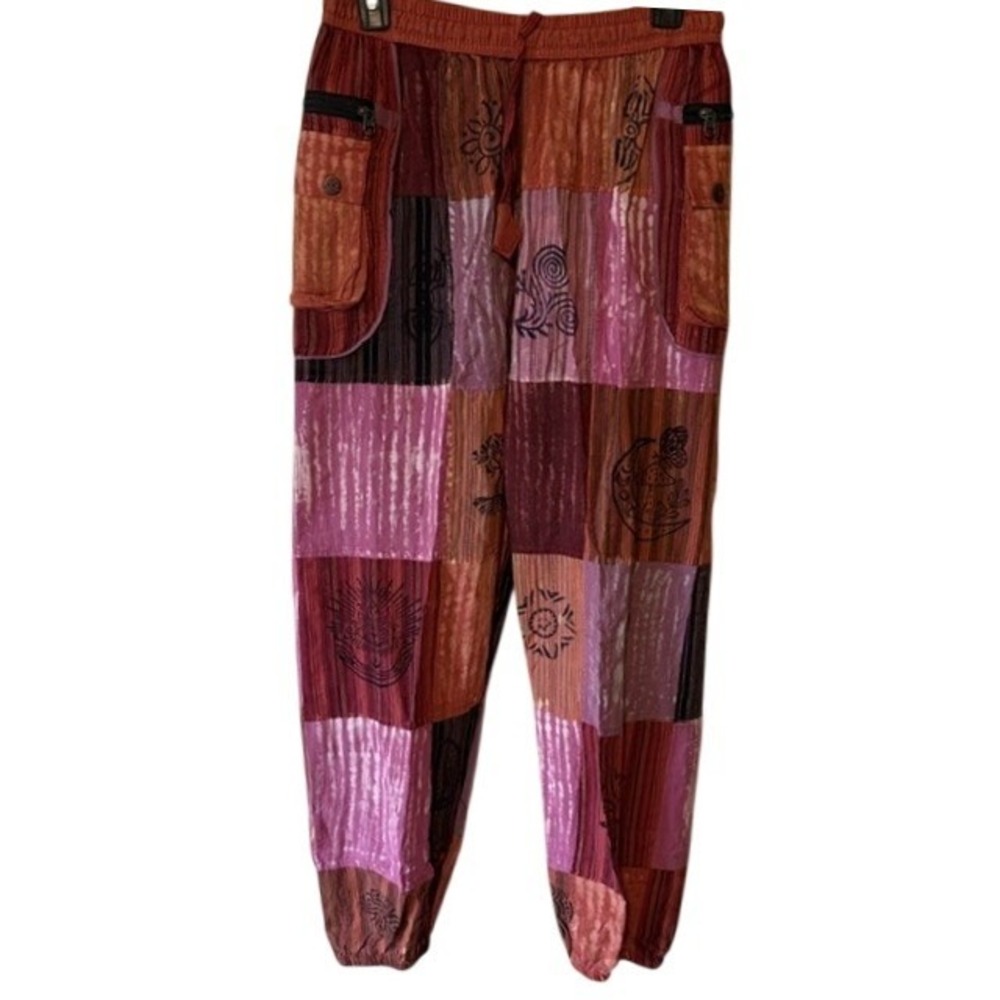 Rising International Patchwork Harem Pants Pink Red Cotton Boho Joggers Large - Picture 2 of 7